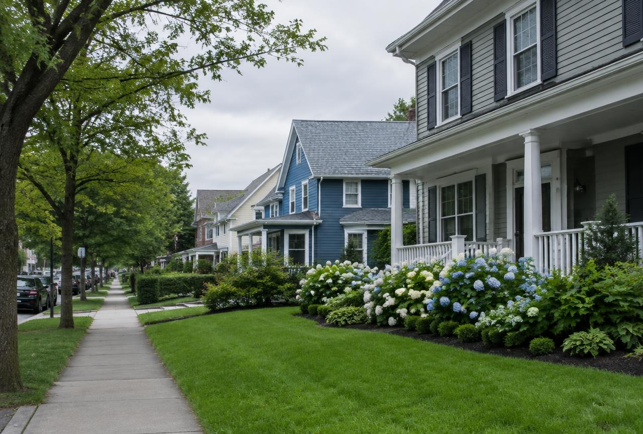Well-landscaped residential street in a Binghamton, NY neighborhood.