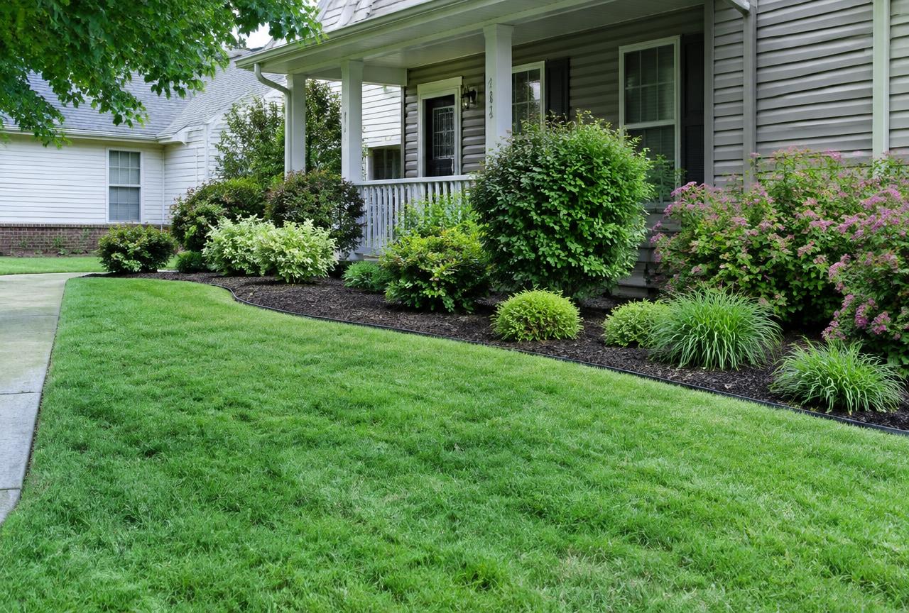 Freshly maintained front yard with green lawn and tidy garden beds in a Johnson City, NY neighborhood.