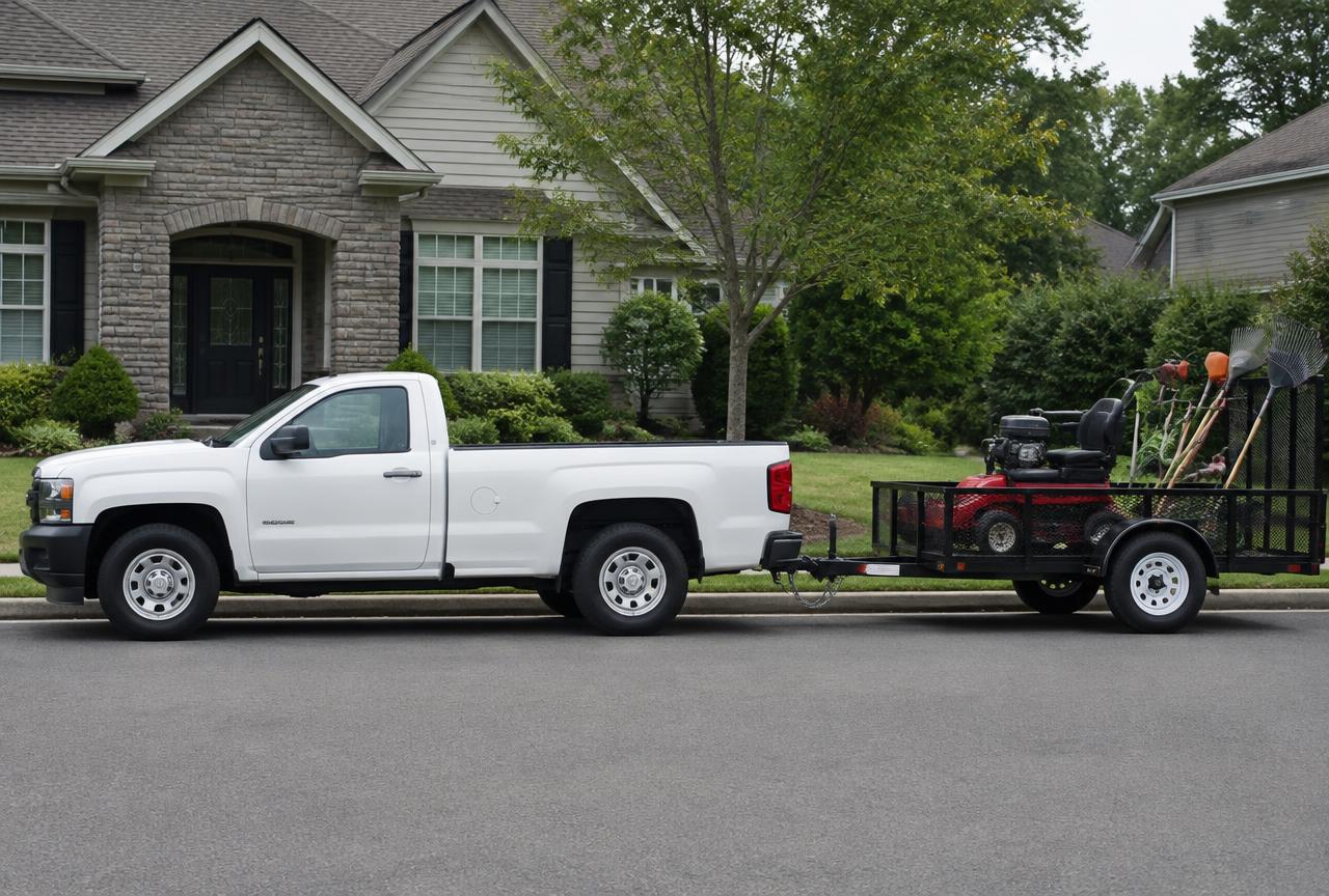 J&J's This & That Service truck loaded with equipment outside a residential property.