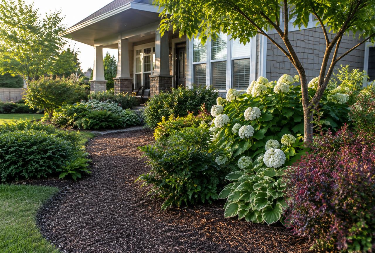 Finished front yard landscape with layered plantings and a mulched pathway.