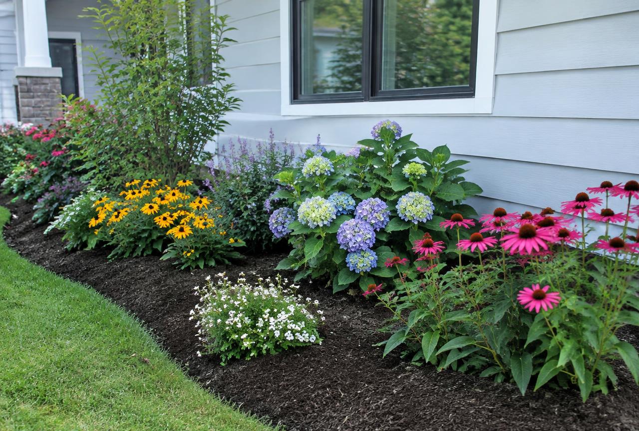 Newly installed residential garden bed with flowering plants and fresh mulch.