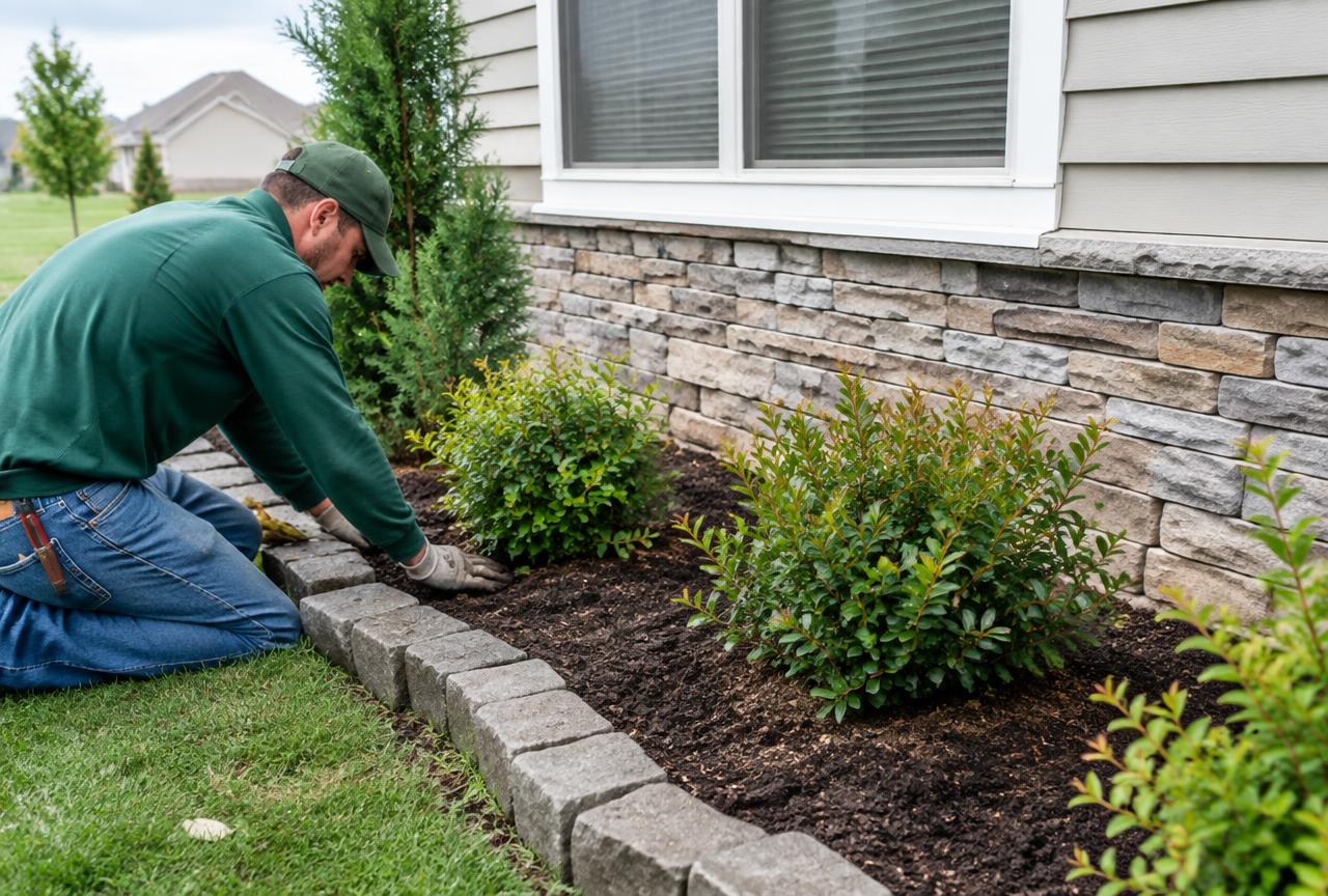 Landscaper planting shrubs along a home's foundation with stone border edging.