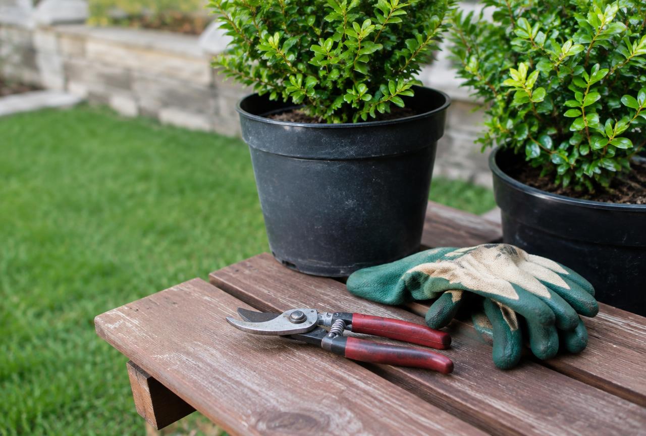 Landscaping pruners and work gloves resting on a wooden bench beside potted shrubs.