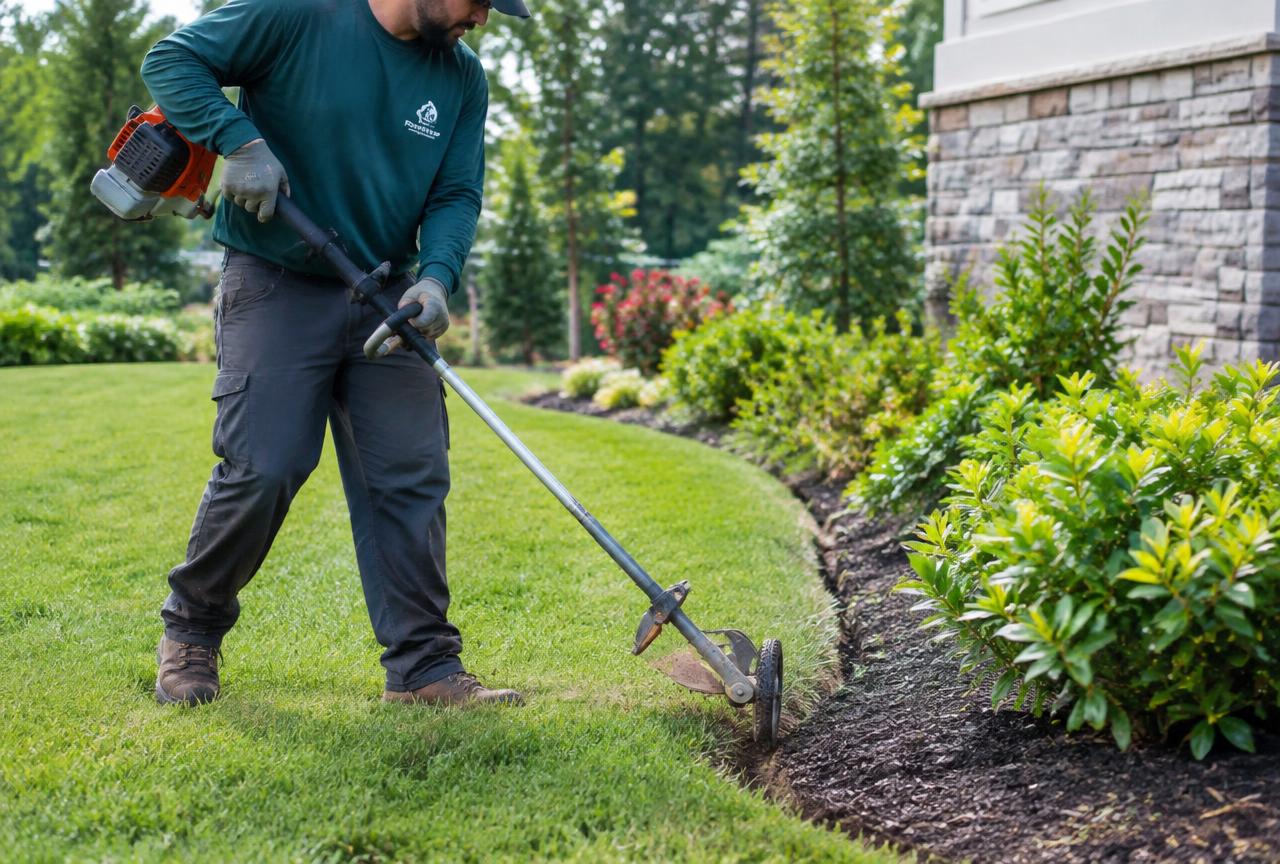Professional landscaper edging a lawn border with precision.