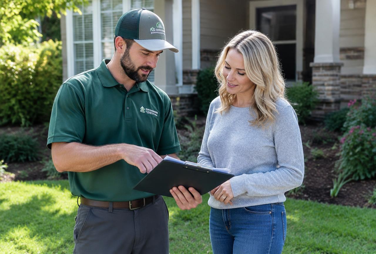 Landscaper reviewing a written estimate with a homeowner on a residential property.