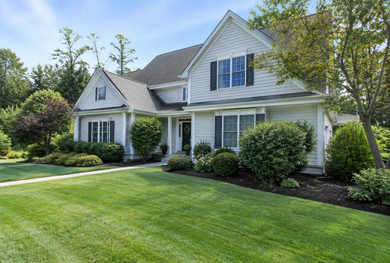 Neatly maintained residential lawn with defined garden beds in Binghamton, NY.