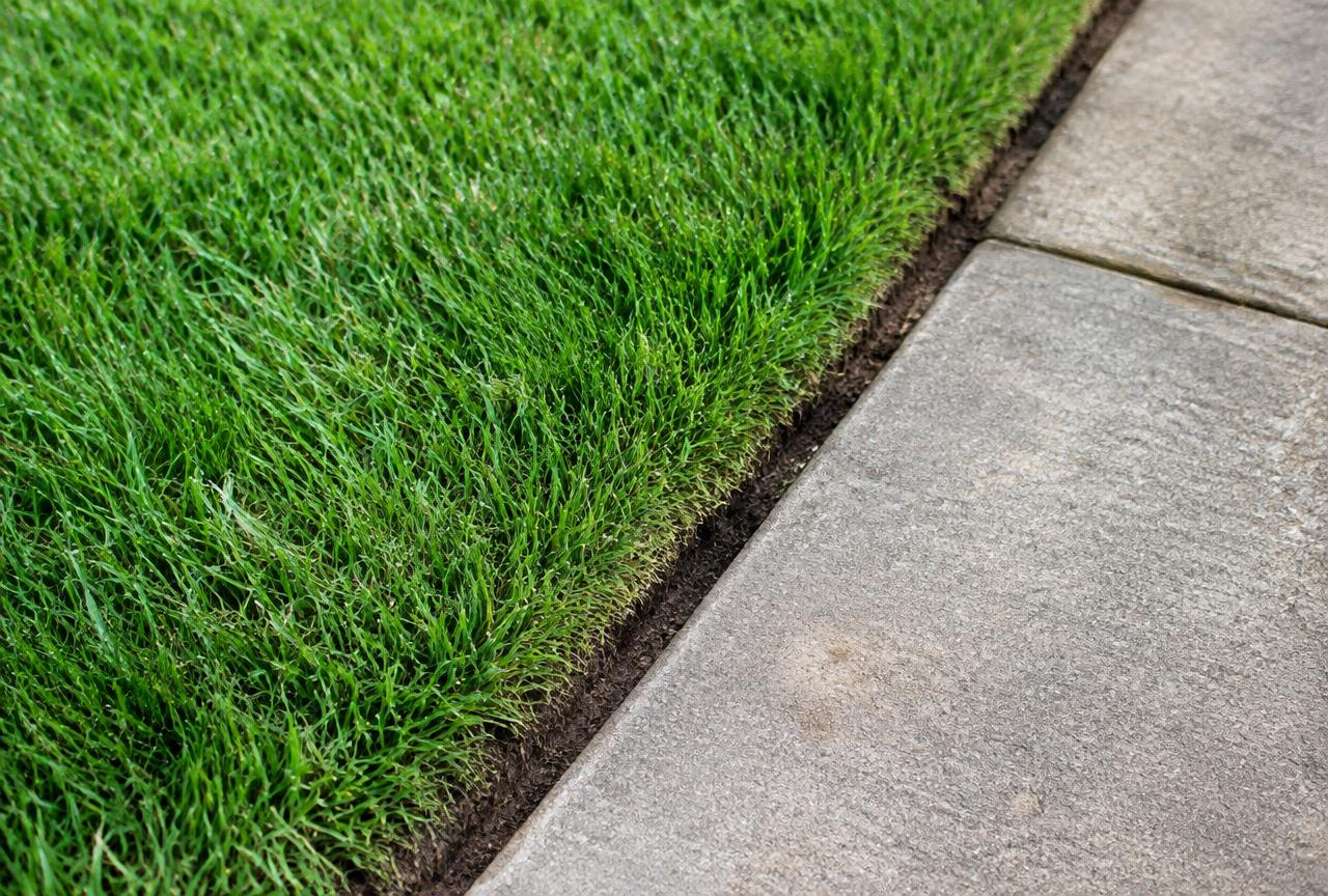 Freshly edged lawn border alongside a concrete walkway.
