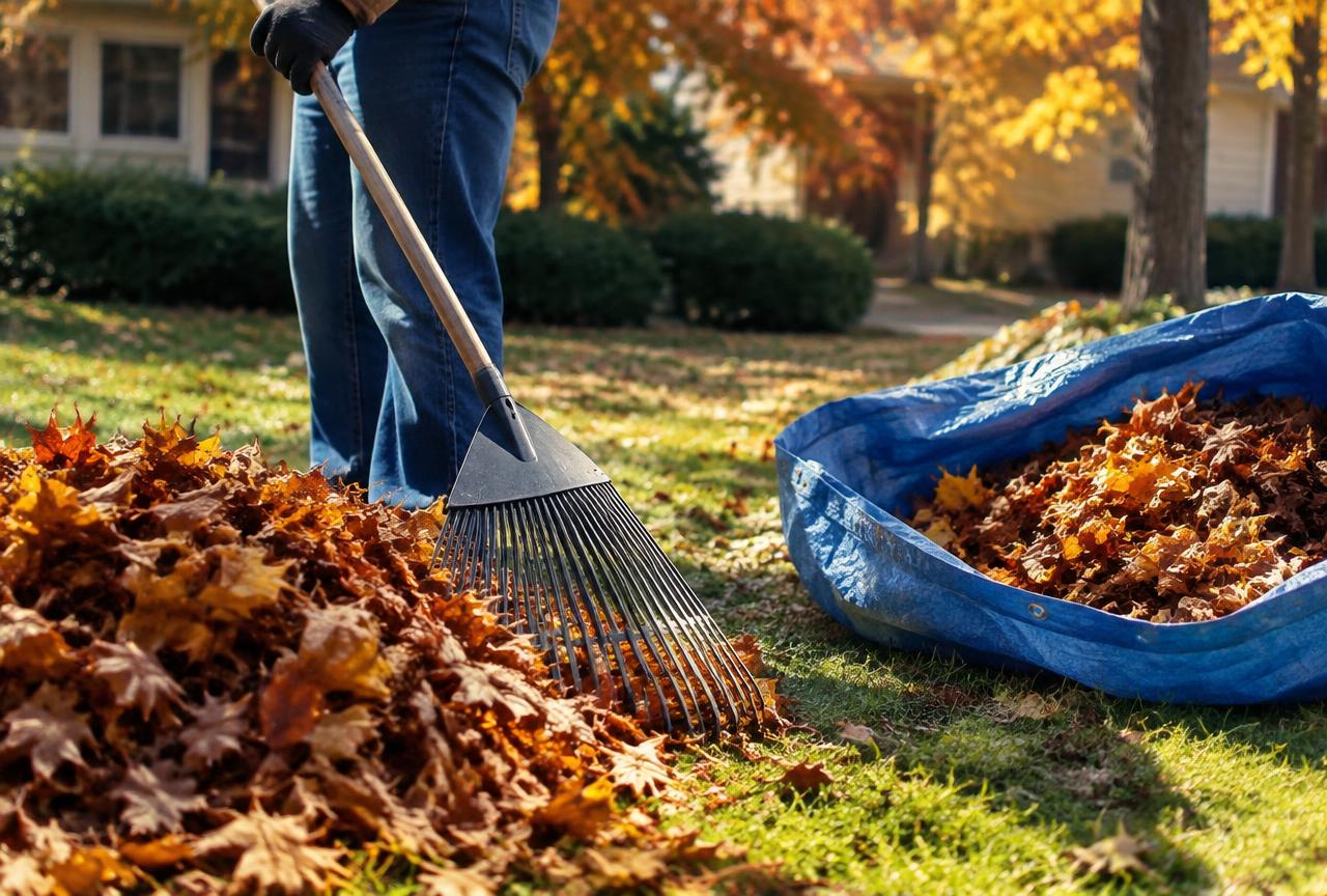 Leaves being raked and collected during a fall lawn cleanup.