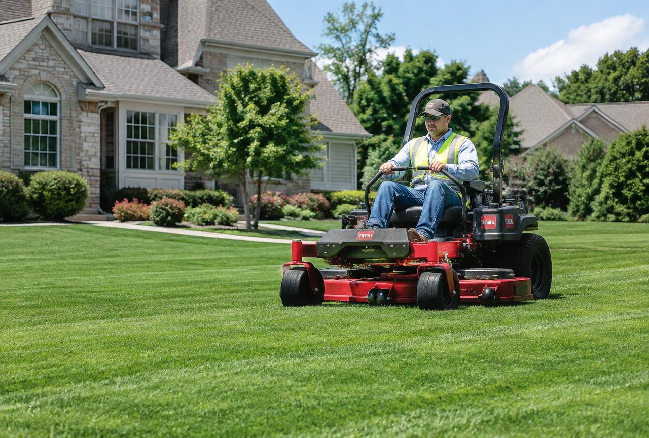 Professional lawn mower cutting a large green residential lawn in Broome County.