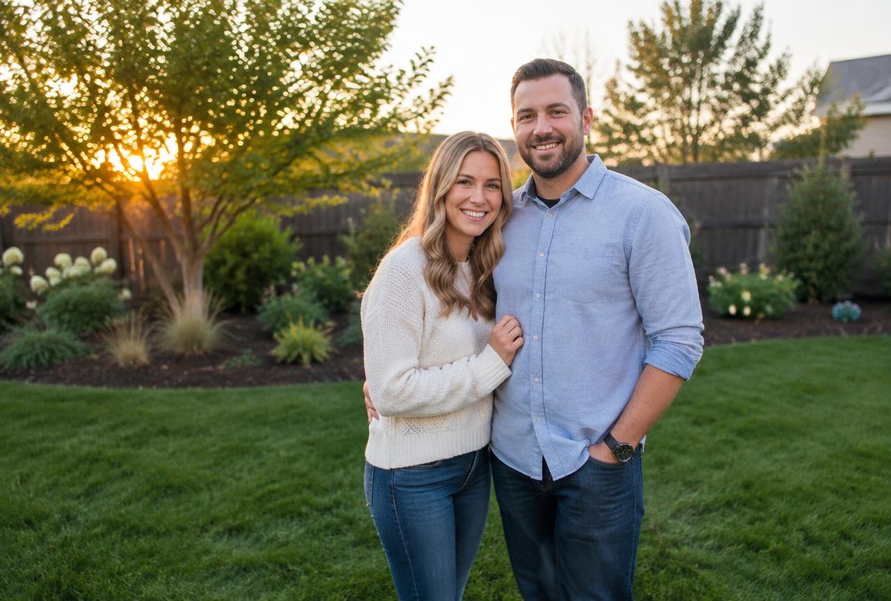 Homeowners standing in their freshly landscaped backyard with a green lawn and garden beds.